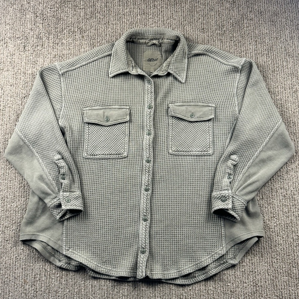 Aerie Womens S Lumber Jane Waffle Shirt Shacket Button Up Long Sleeve Green